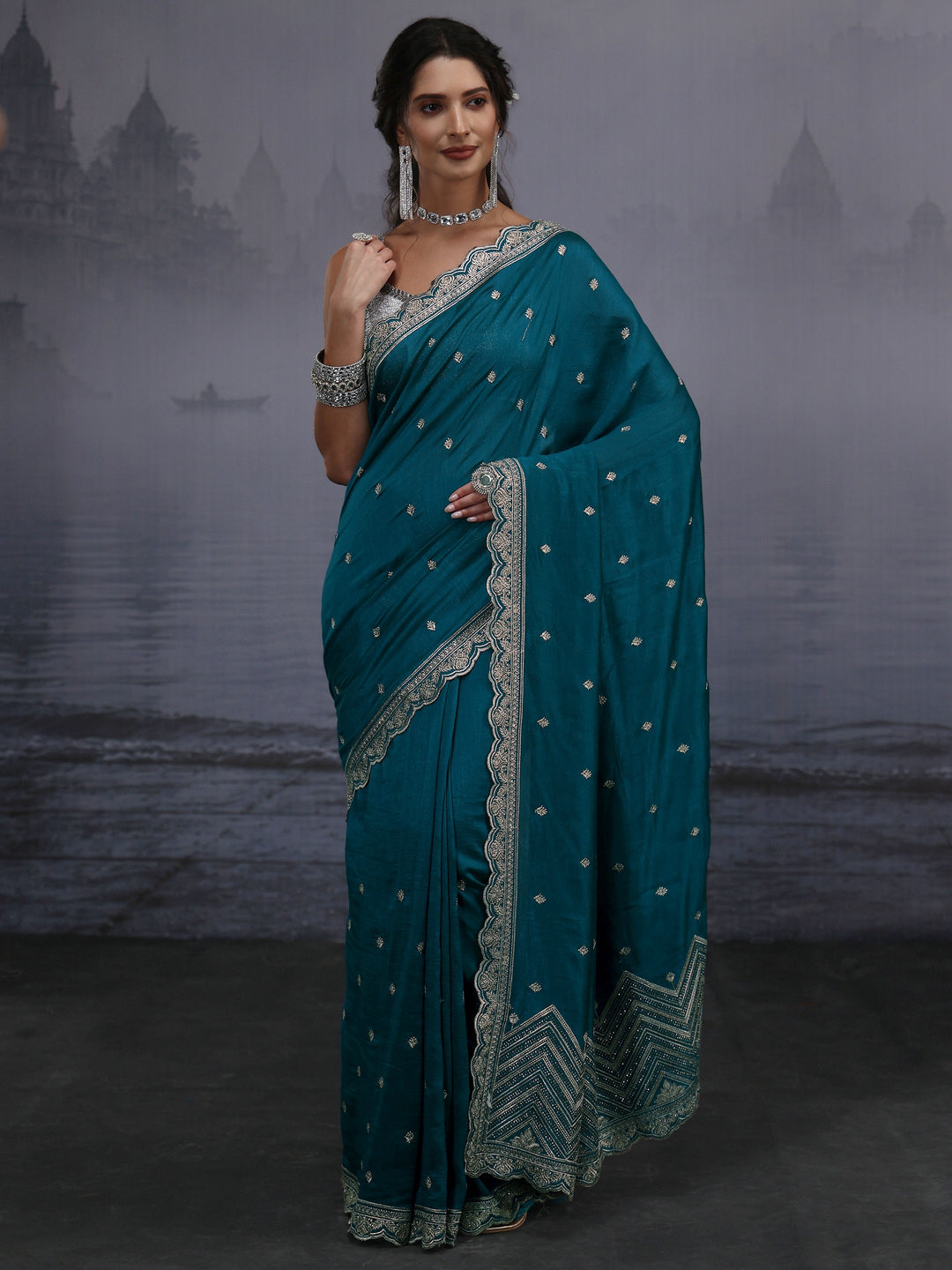 Libas Blue Floral Embroidered Silk Blend Saree with Scalloped Border