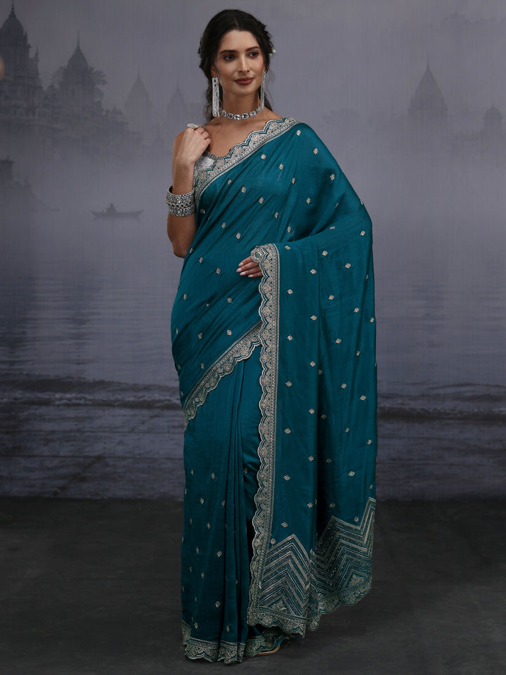 Libas Blue Floral Embroidered Silk Blend Saree with Scalloped Border