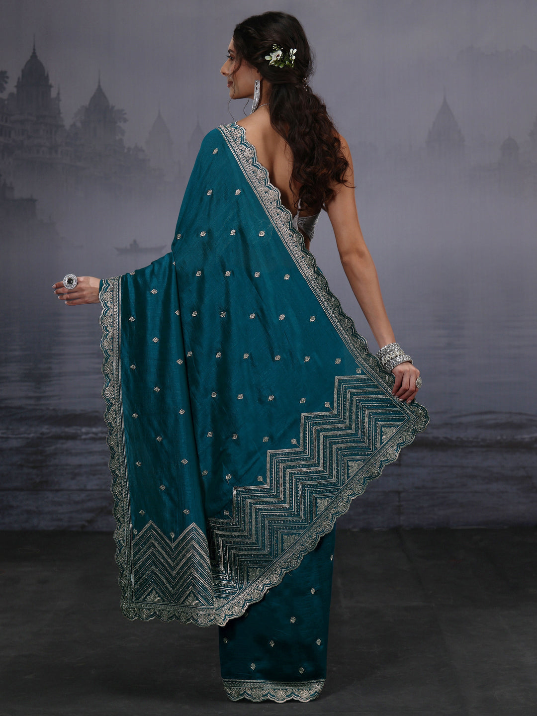 Libas Blue Floral Embroidered Silk Blend Saree with Scalloped Border