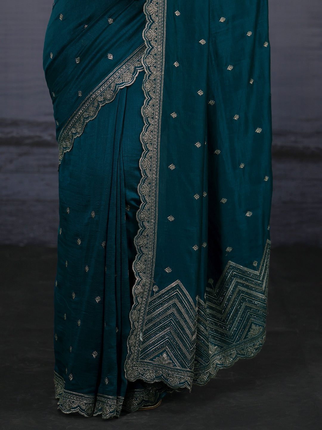 Libas Blue Floral Embroidered Silk Blend Saree with Scalloped Border