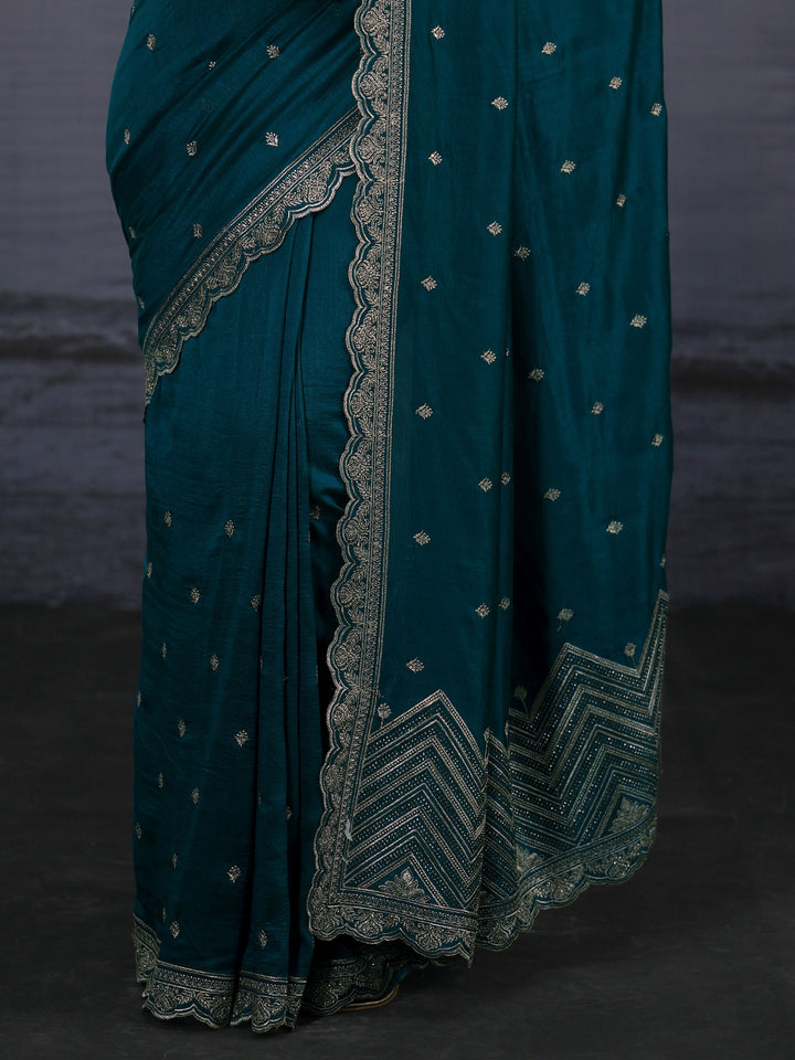Libas Blue Floral Embroidered Silk Blend Saree with Scalloped Border