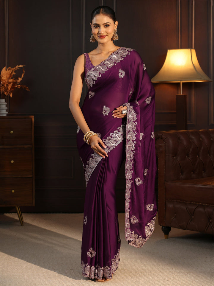 Libas Wine Stone Work Embellished Chiffon Saree