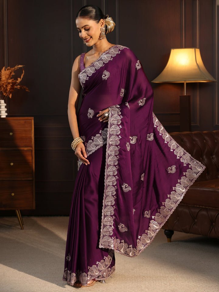 Libas Wine Stone Work Embellished Chiffon Saree