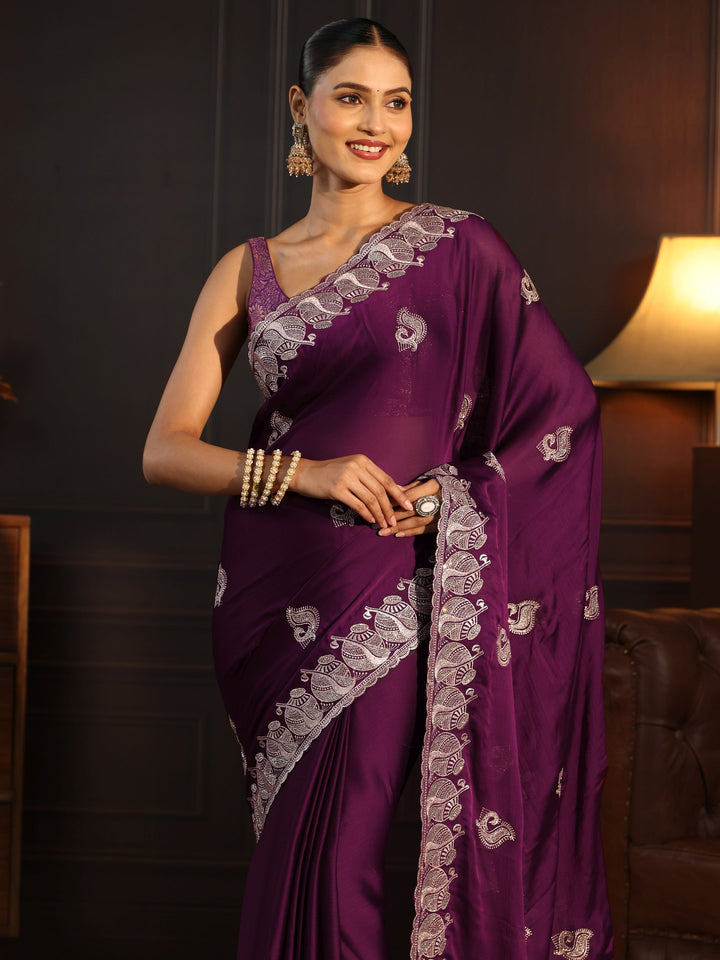 Libas Wine Stone Work Embellished Chiffon Saree