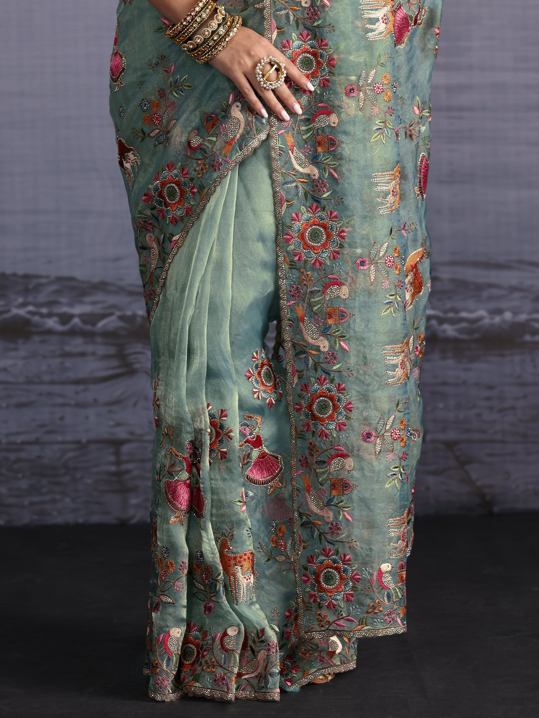 Libas Art Green Ethnic Embroidered Stone Work Tissue Saree