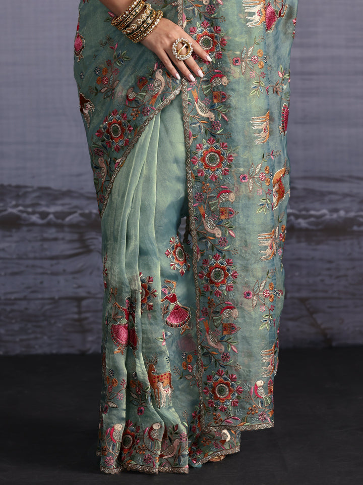 Libas Art Green Ethnic Embroidered Stone Work Tissue Saree