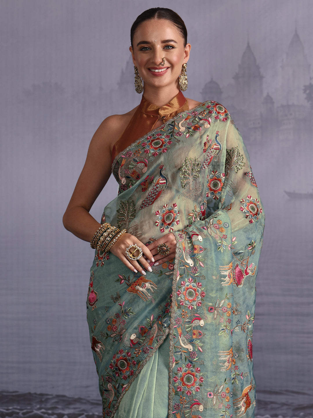 Libas Art Green Ethnic Embroidered Stone Work Tissue Saree