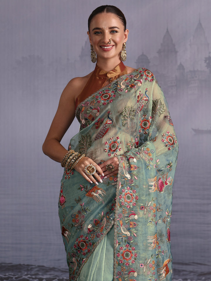 Libas Art Green Ethnic Embroidered Stone Work Tissue Saree