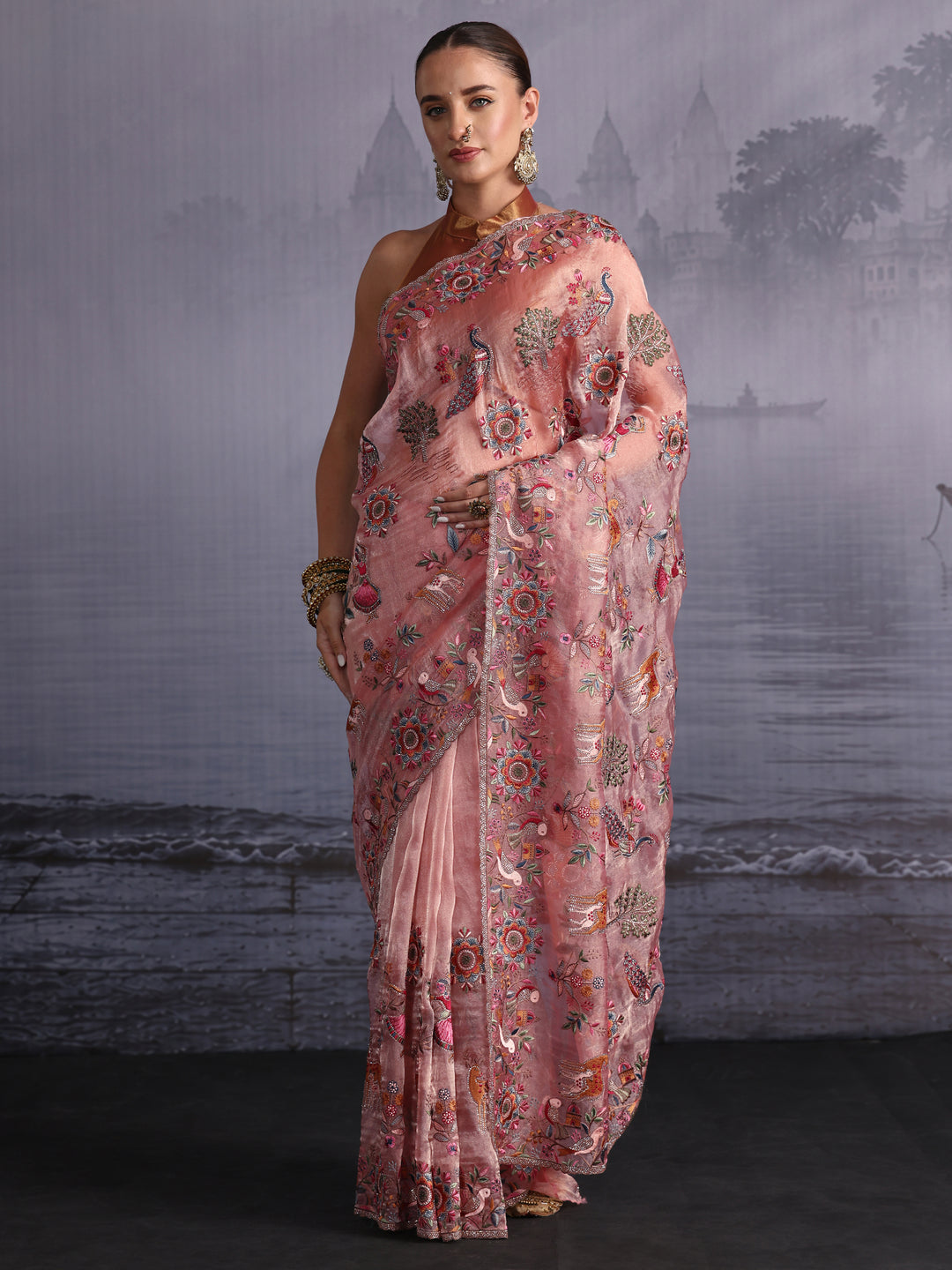 Libas Art Peach Pink Ethnic Embroidered Stone Work Tissue Saree