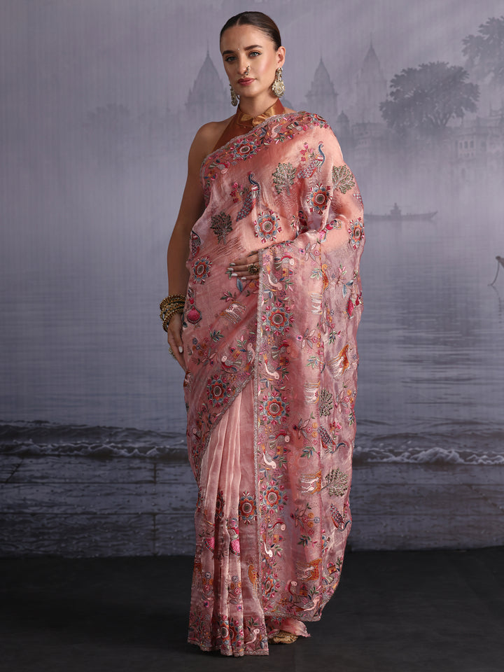 Libas Art Peach Pink Ethnic Embroidered Stone Work Tissue Saree