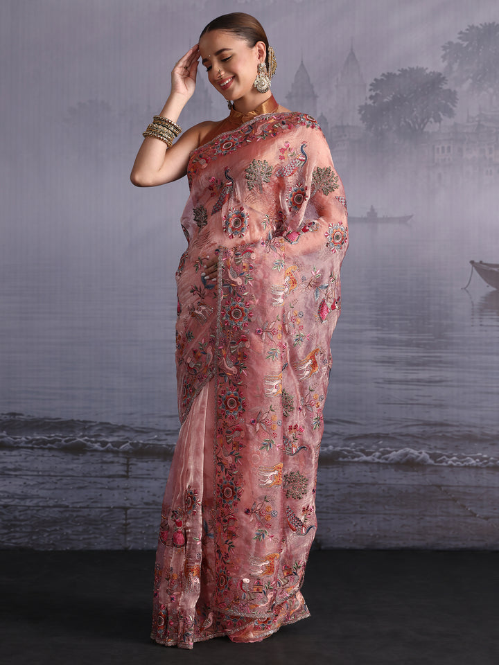 Libas Art Peach Pink Ethnic Embroidered Stone Work Tissue Saree