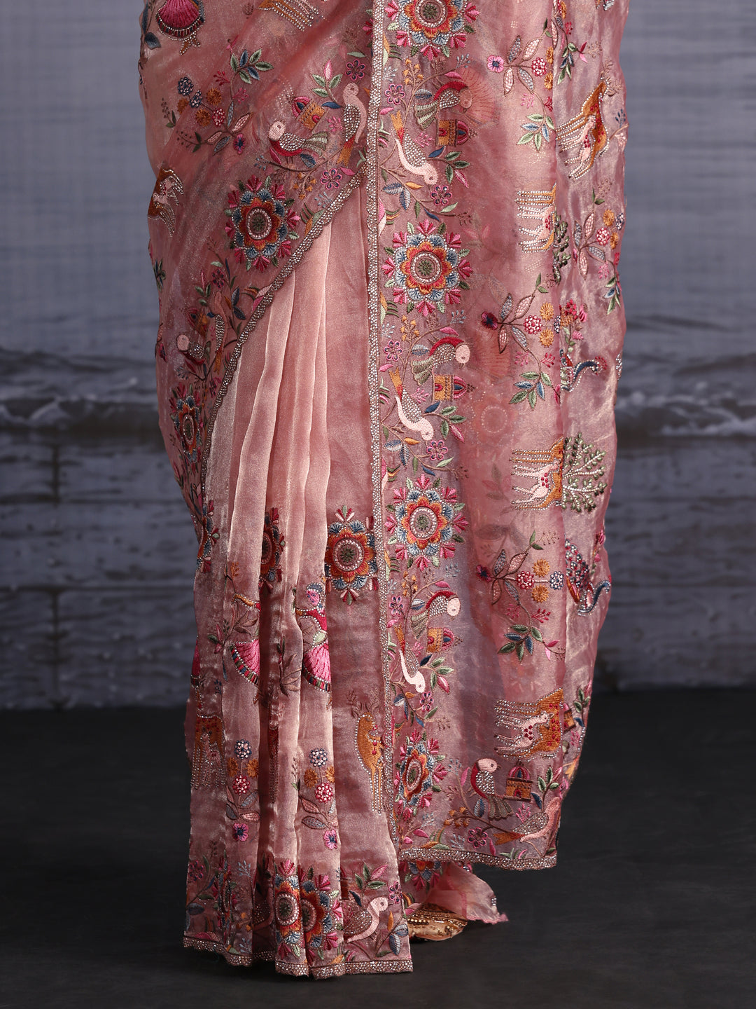 Libas Art Peach Pink Ethnic Embroidered Stone Work Tissue Saree