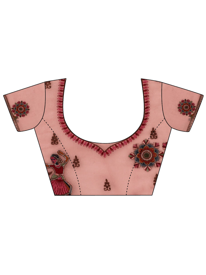 Libas Art Peach Pink Ethnic Embroidered Stone Work Tissue Saree