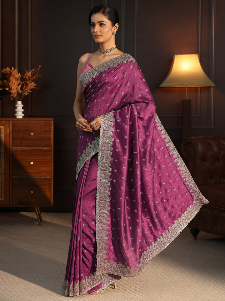 Libas Mauve Embroidered Silk Blend Saree With Paisley Border