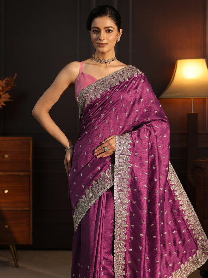 Libas Mauve Embroidered Silk Blend Saree With Paisley Border
