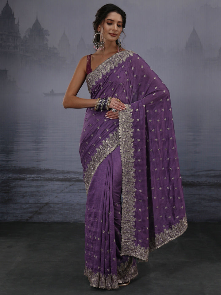 Libas Lavender Embroidered Silk Blend Saree with Paisley Border
