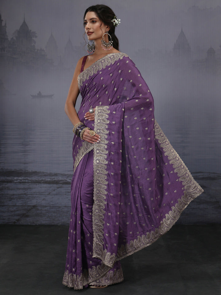 Libas Lavender Embroidered Silk Blend Saree with Paisley Border