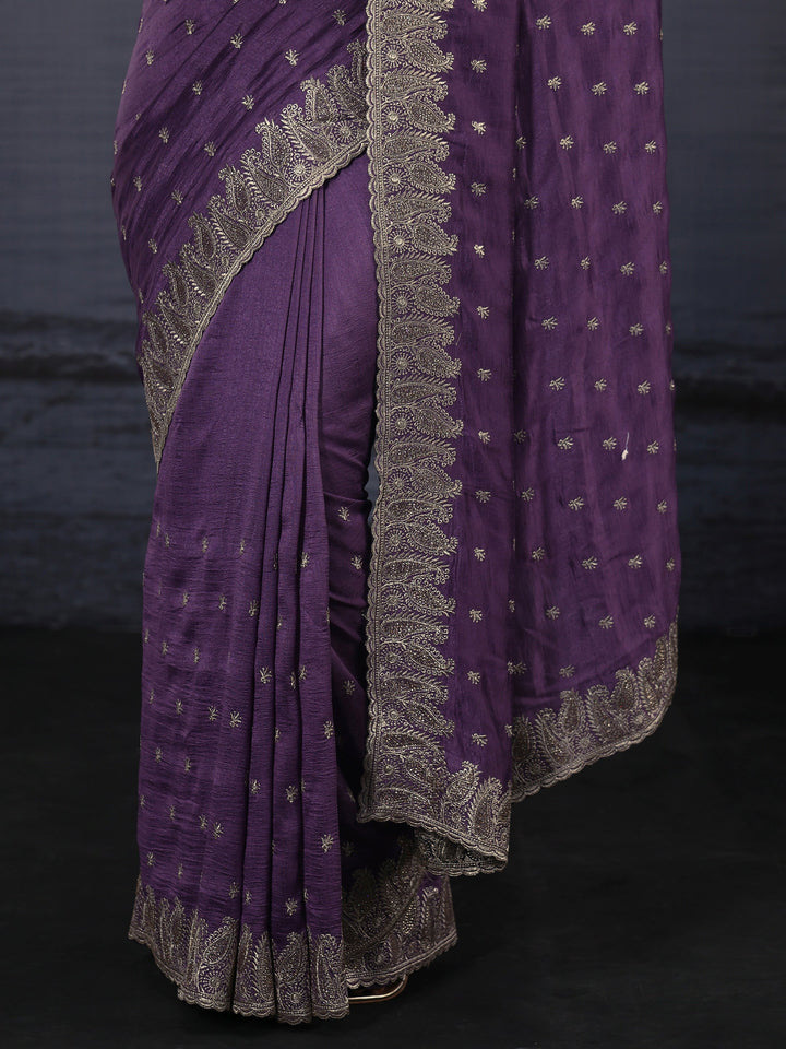 Libas Lavender Embroidered Silk Blend Saree with Paisley Border