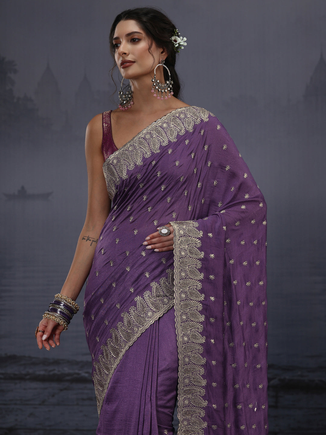 Libas Lavender Embroidered Silk Blend Saree with Paisley Border