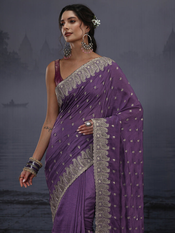Libas Lavender Embroidered Silk Blend Saree with Paisley Border