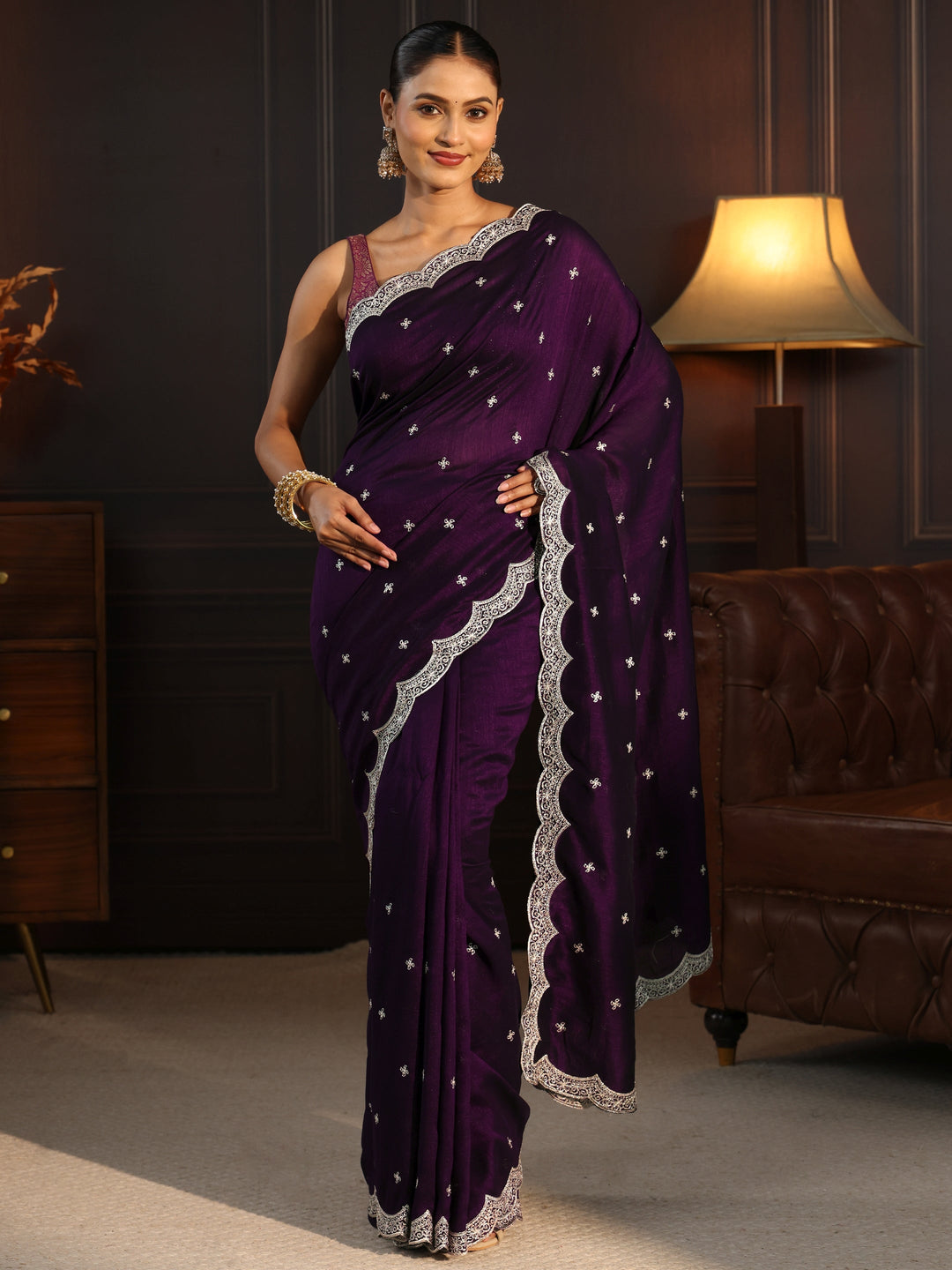 Libas Regal Purple Embellished Scalloped Border Silk Blend Saree