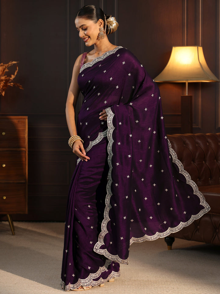 Libas Regal Purple Embellished Scalloped Border Silk Blend Saree