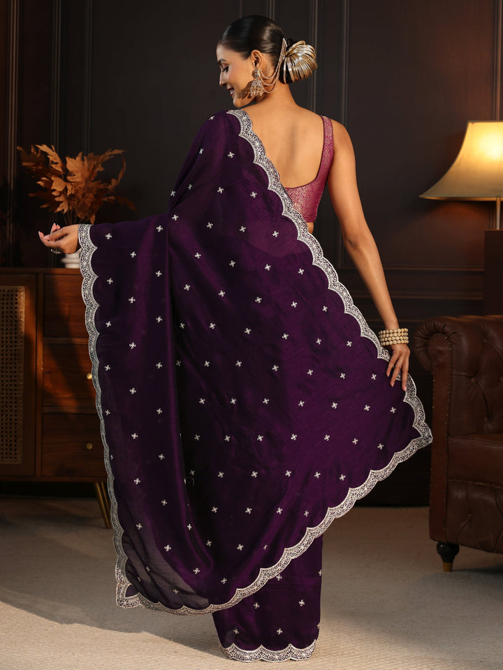 Libas Regal Purple Embellished Scalloped Border Silk Blend Saree