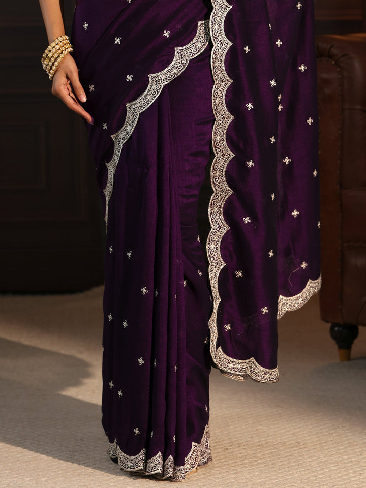 Libas Regal Purple Embellished Scalloped Border Silk Blend Saree
