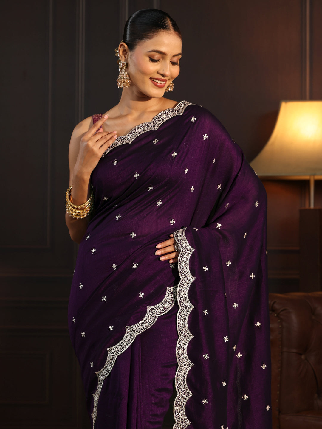 Libas Regal Purple Embellished Scalloped Border Silk Blend Saree