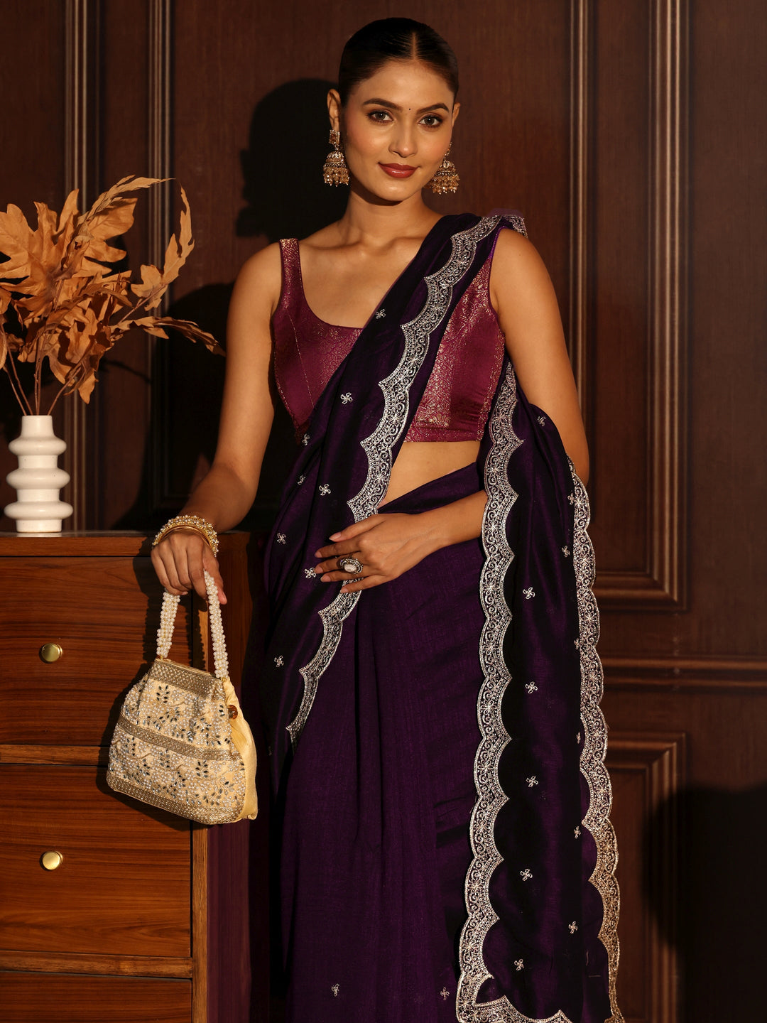 Libas Regal Purple Embellished Scalloped Border Silk Blend Saree