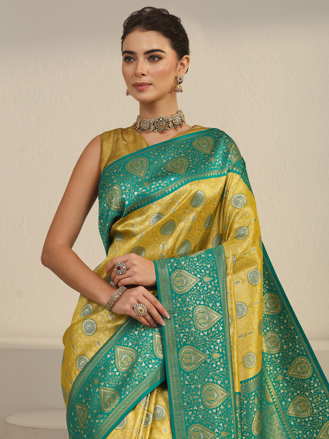 Libas Mustard Leaf Woven Design Brocade Saree