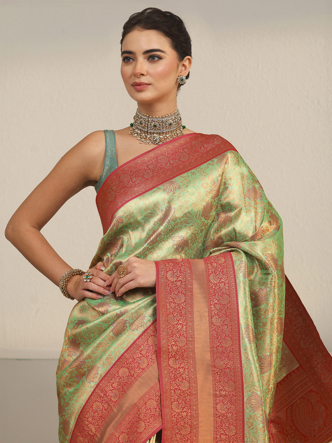 Libas Green Floral Brocade Saree