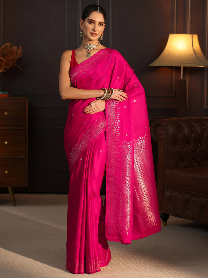 Libas Rani Pink Floral Woven Design Satin Saree