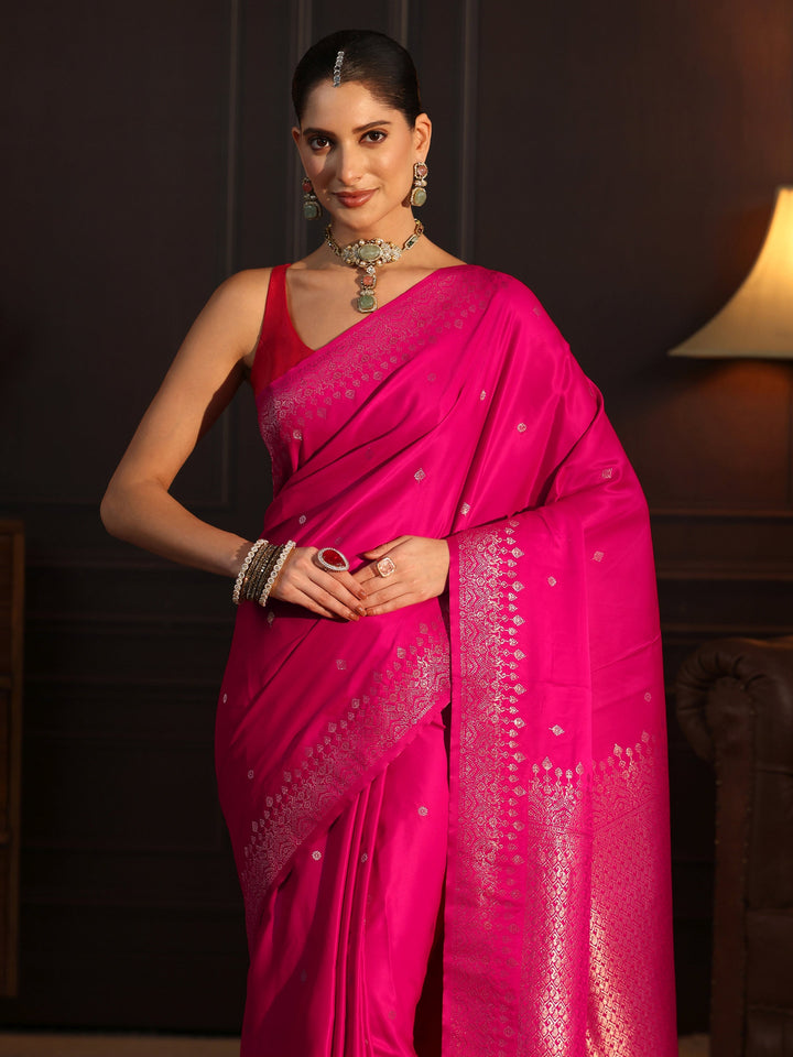Libas Rani Pink Floral Woven Design Satin Saree