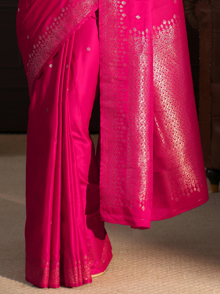Libas Rani Pink Floral Woven Design Satin Saree