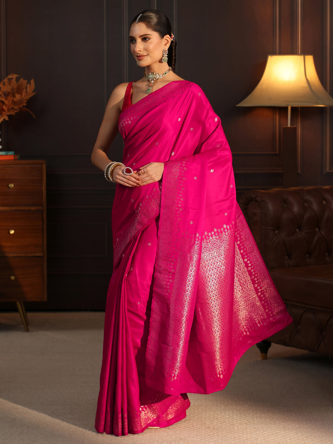 Libas Rani Pink Floral Woven Design Satin Saree