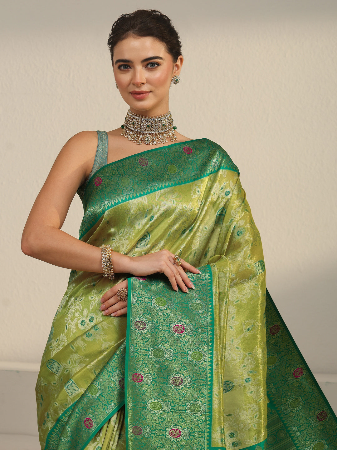 Libas Light Green and Dark Green Floral Woven Design Silk Blend Saree