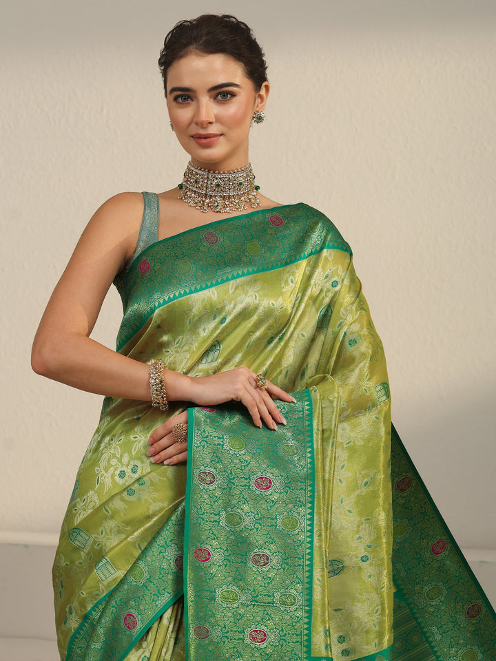 Libas Light Green and Dark Green Floral Woven Design Silk Blend Saree