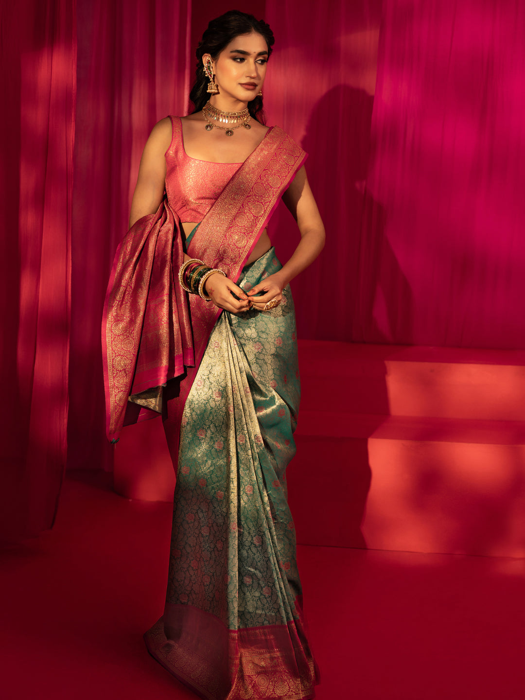 Libas Sajni Teal Green and Red Floral Woven Design Silk Blend Saree