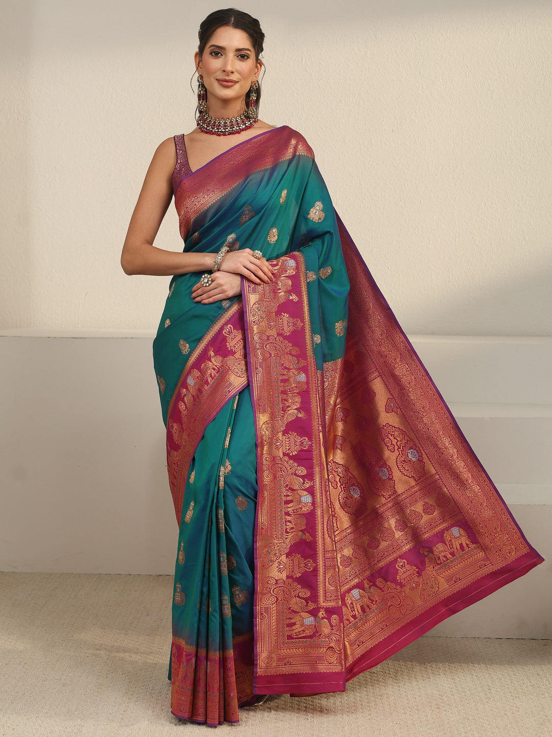 Libas Cerulean Blue and Pink Woven Design Silk Blend Banarasi Saree