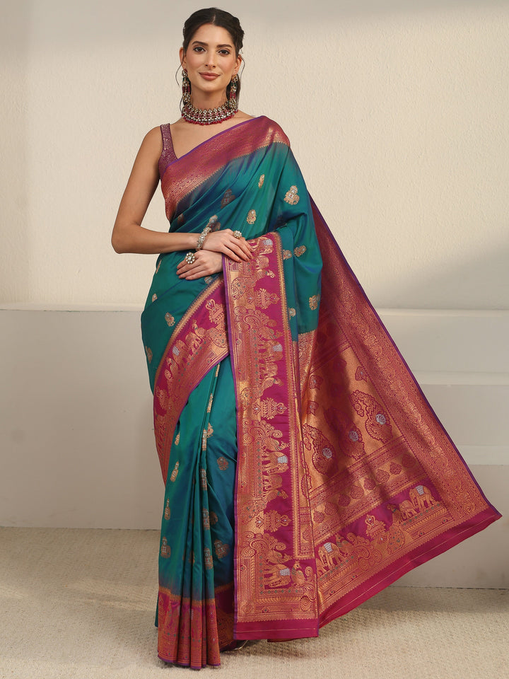 Libas Cerulean Blue and Pink Woven Design Silk Blend Banarasi Saree