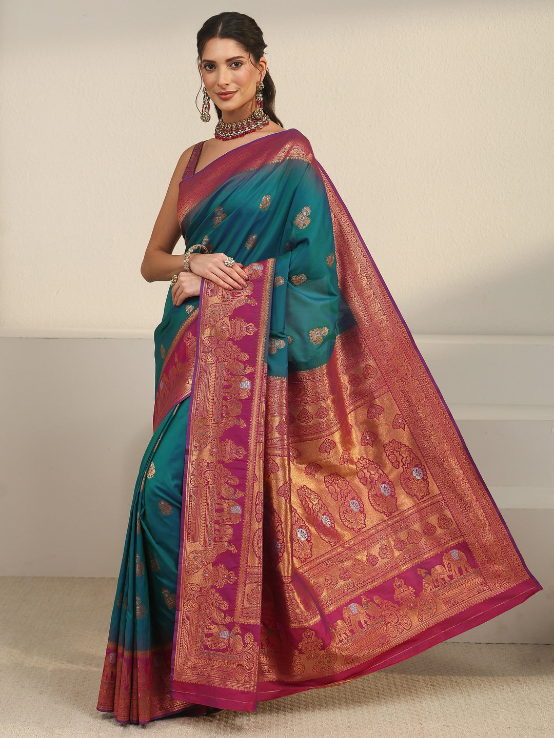 Libas Cerulean Blue and Pink Woven Design Silk Blend Banarasi Saree