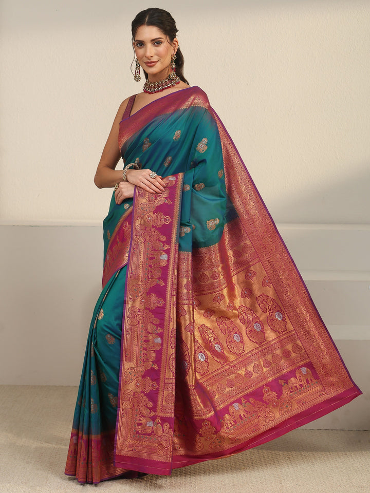 Libas Cerulean Blue and Pink Woven Design Silk Blend Banarasi Saree