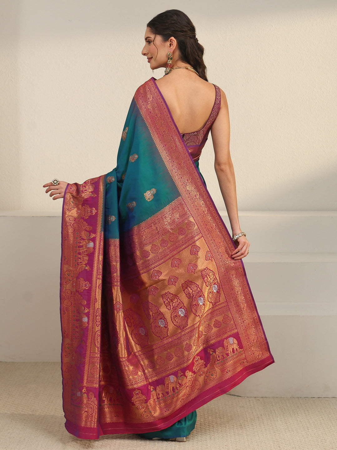 Libas Cerulean Blue and Pink Woven Design Silk Blend Banarasi Saree