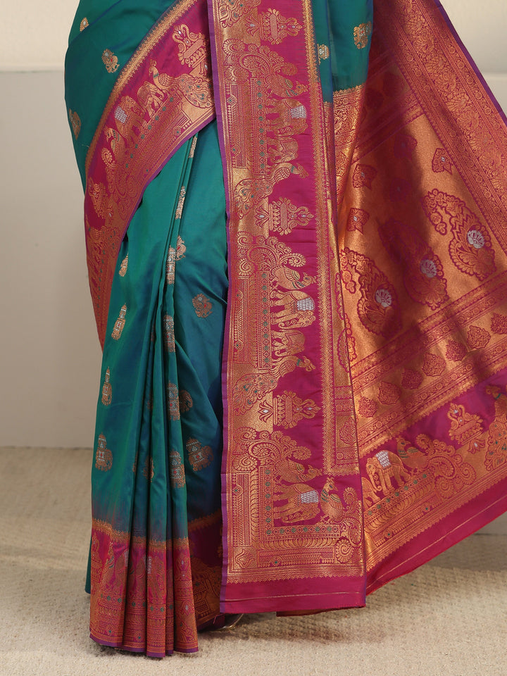 Libas Cerulean Blue and Pink Woven Design Silk Blend Banarasi Saree