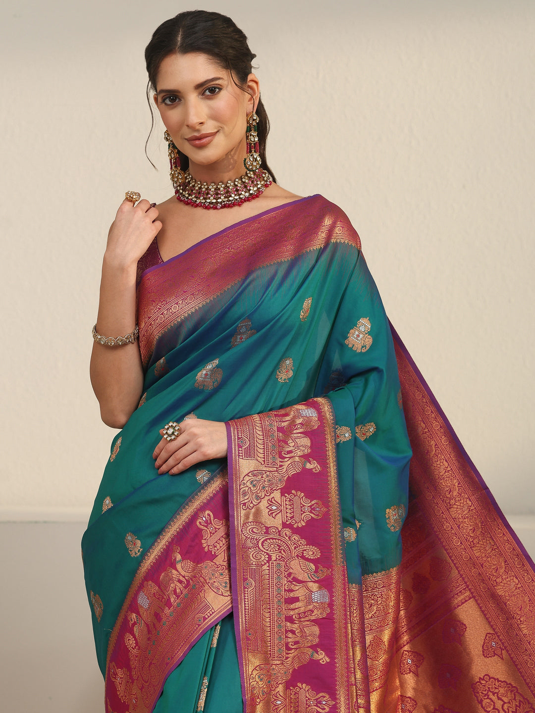 Libas Cerulean Blue and Pink Woven Design Silk Blend Banarasi Saree