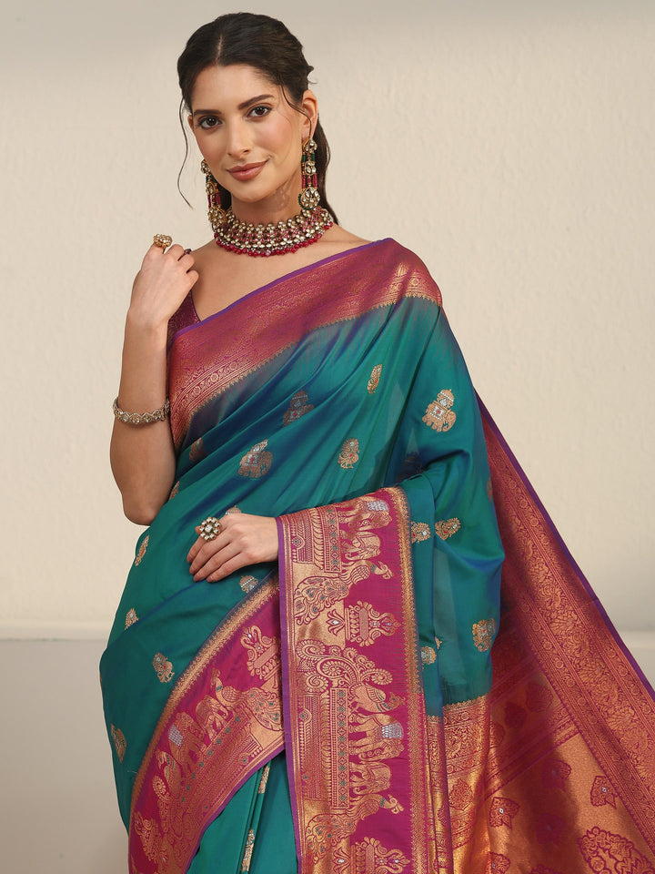 Libas Cerulean Blue and Pink Woven Design Silk Blend Banarasi Saree