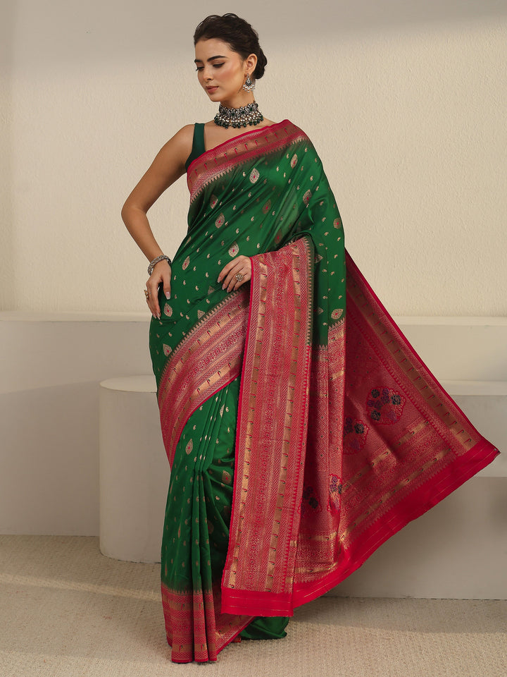 Libas Green and Red Woven Design Silk Blend Saree