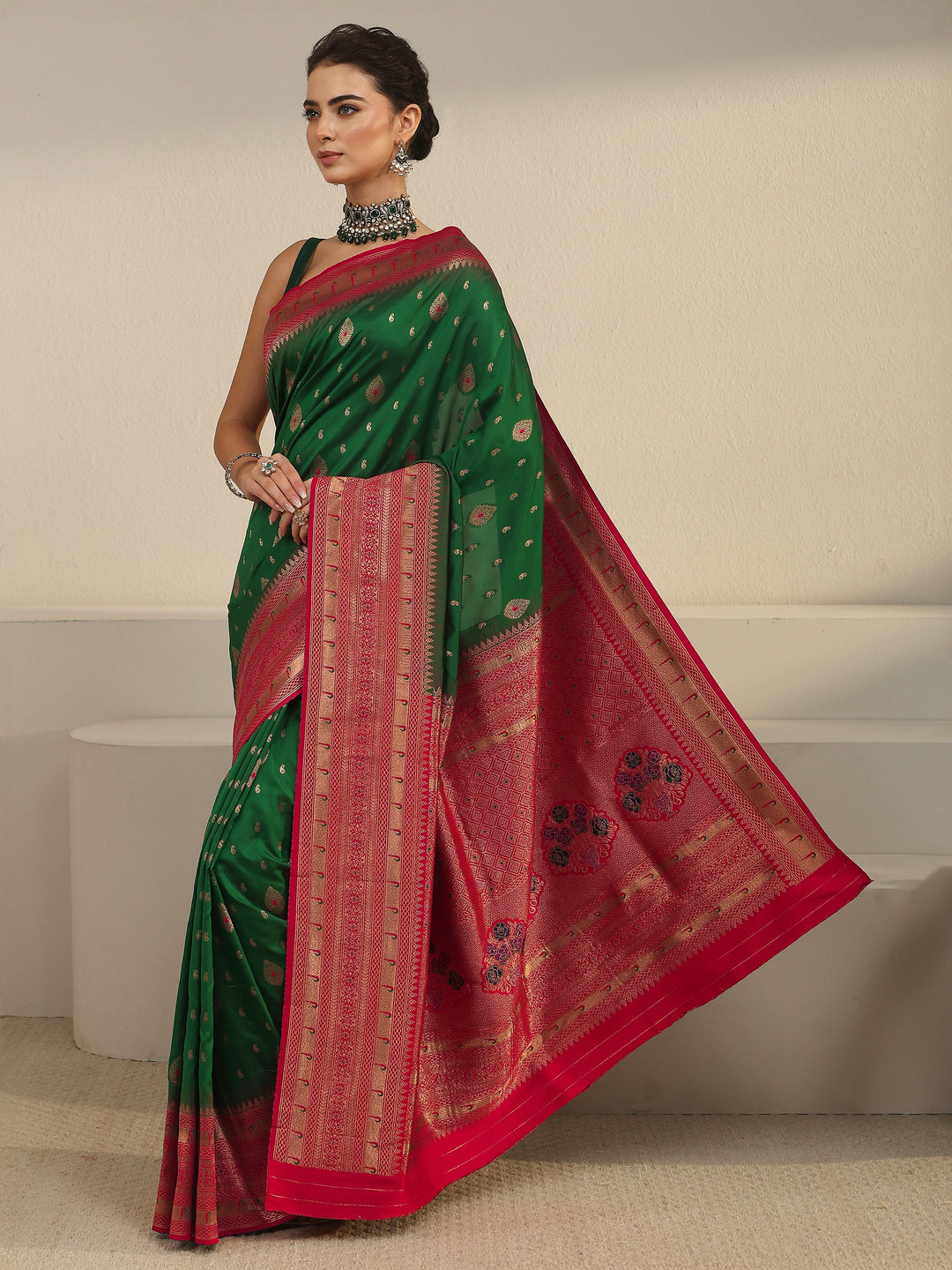 Libas Green and Red Woven Design Silk Blend Saree