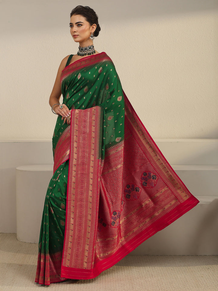 Libas Green and Red Woven Design Silk Blend Saree
